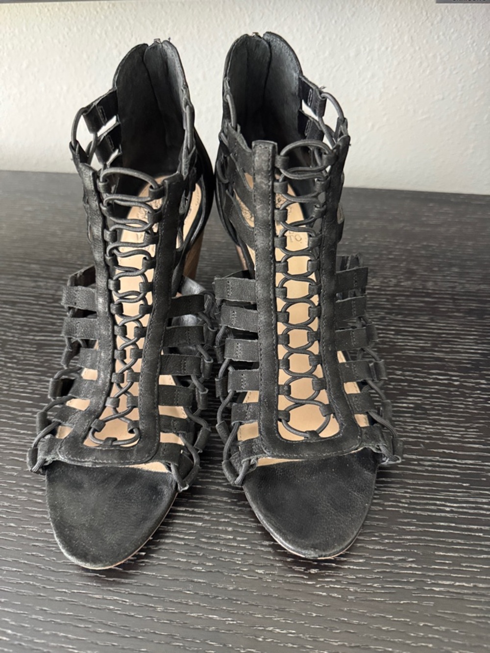 Vince Camuto Elanso Black Cage Lace-Up High Heel Sandals